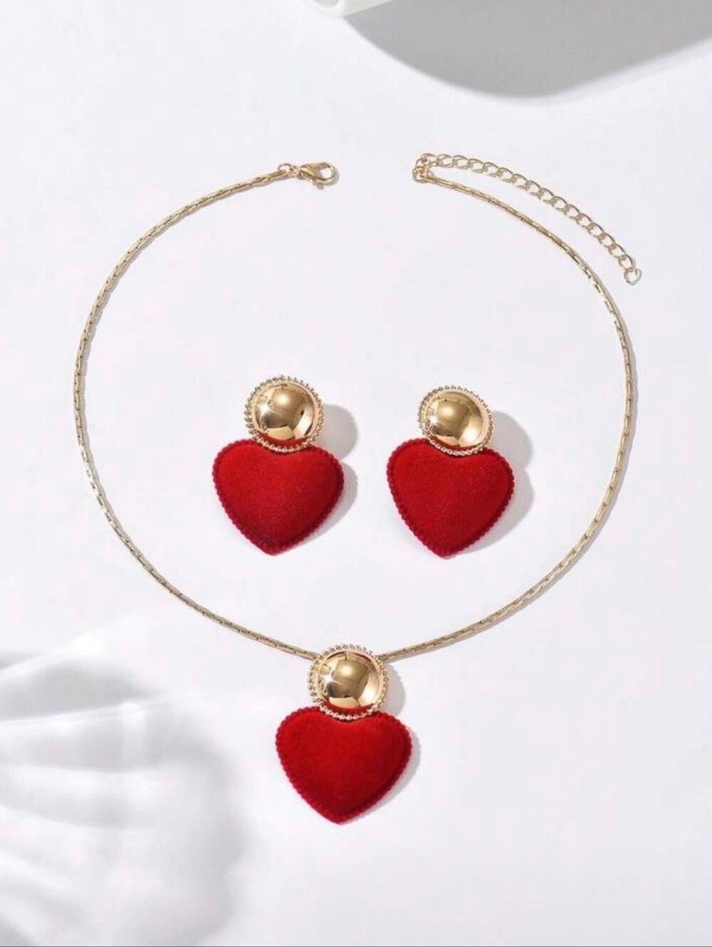 Gold and Red Heart Pendant Necklace & Earring Set